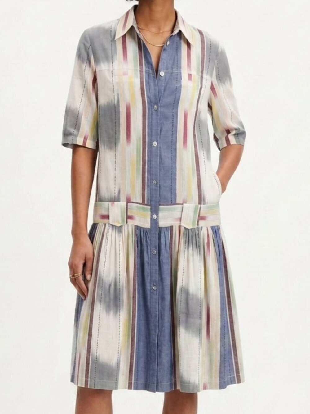 MALVIN Ombre Rainbow Metallic Stripe Cotton Shirt Dress 38 S/M